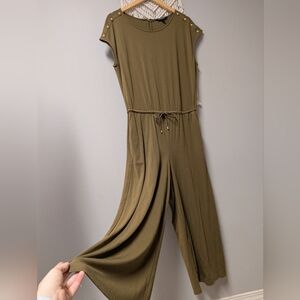 Lauren Ralph Lauren Olive Green Wide Leg Jumpsuit Gold Accents Soft Stretchy